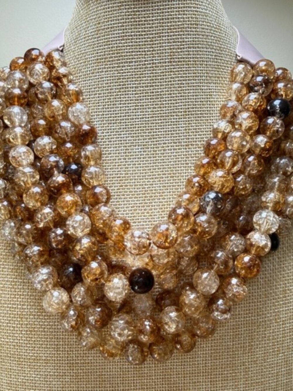 Crackle Bead Bib Necklace Amber Chunky Statement Bohemian